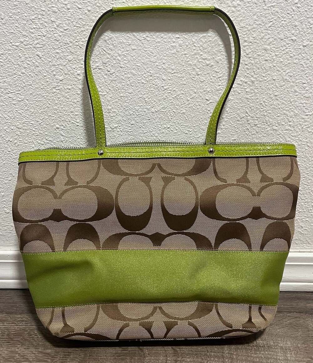 Coach Signature Stripe Tote F13548 Khaki Lime Green